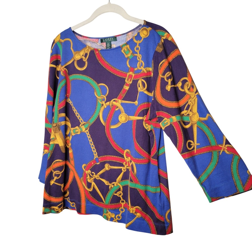 Lauren Ralph Lauren Womens XL Equestrian Chain Print 3/4 Sleeve Cotton Knit Top